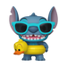 The Funko POP! Disney: Stitch with Tube (#1565) vinyl figure by Funko features Stitch smiling with wide eyes and large ears, wearing teal sunglasses and holding a yellow duck float.