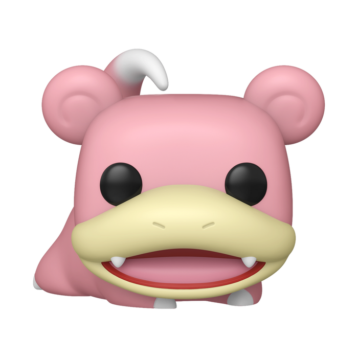 Funko POP! Pokemon: Slowpoke - #1077 by Funko, a stylized vinyl figure depicting the pink Pokémon Slowpoke with its signature wide mouth, large eyes, and curled white-tipped tail, is displayed facing forward against a white background.