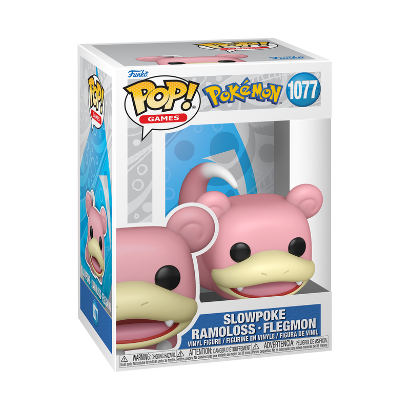 A Funko POP! Pokemon: Slowpoke - #1077 vinyl figure from Funko is shown in its original packaging, with the character visible through a clear window on the front of the box.