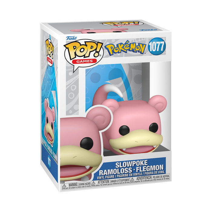 A Funko POP! Pokemon: Slowpoke - #1077 vinyl figure from Funko is shown in its original packaging, with the character visible through a clear window on the front of the box.