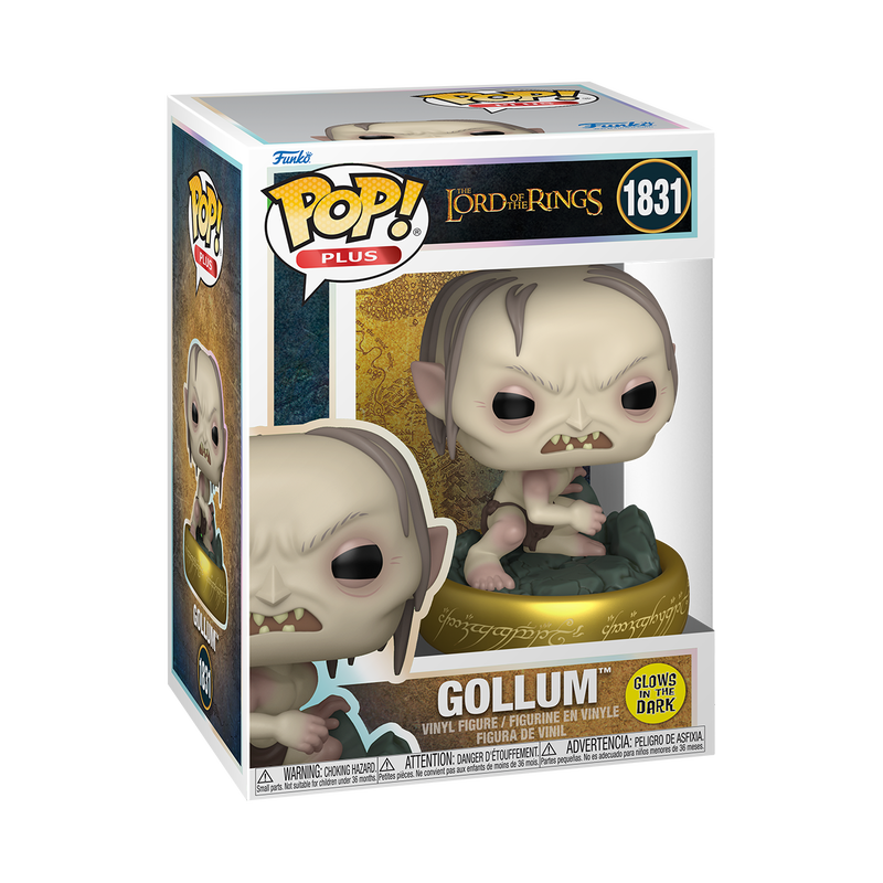 The Funko POP! Lord of the Rings: Plus Gollum (Glow) - #1831 figure by Funko features Gollum sitting on a gold ring base and comes in special packaging that highlights its glow-in-the-dark feature.