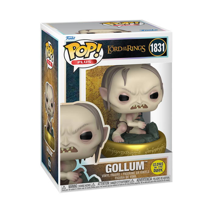 The Funko POP! Lord of the Rings: Plus Gollum (Glow) - #1831 figure by Funko features Gollum sitting on a gold ring base and comes in special packaging that highlights its glow-in-the-dark feature.