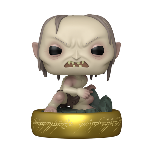 A Funko POP! Lord of the Rings: Plus Gollum (Glow) vinyl figure featuring a pale, crouching Gollum with a large head and sharp teeth, sitting atop a gold ring engraved with glowing Elvish script.