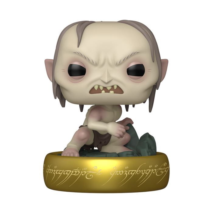 A Funko POP! Lord of the Rings: Plus Gollum (Glow) vinyl figure featuring a pale, crouching Gollum with a large head and sharp teeth, sitting atop a gold ring engraved with glowing Elvish script.
