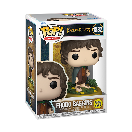 The Funko POP! Lord of the Rings: Frodo Baggins (Glow) - #1832 by Funko comes in a box and features Frodo standing on a plant-covered base, with packaging that spotlights its glow-in-the-dark feature.