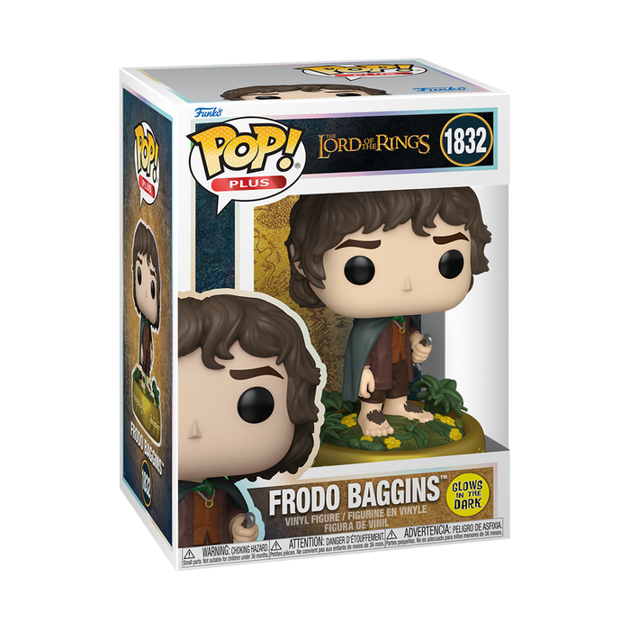 The Funko POP! Lord of the Rings: Frodo Baggins (Glow) - #1832 by Funko comes in a box and features Frodo standing on a plant-covered base, with packaging that spotlights its glow-in-the-dark feature.