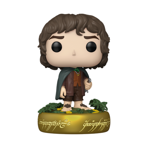 A Funko POP! Lord of the Rings: Frodo Baggins (Glow) - #1832 figure by Funko, depicting a hobbit with curly brown hair, a green cloak, brown clothes, and bare hairy feet, standing on a golden ring with Elvish script and leaves.