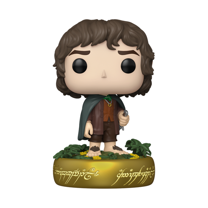 A Funko POP! Lord of the Rings: Frodo Baggins (Glow) - #1832 figure by Funko, depicting a hobbit with curly brown hair, a green cloak, brown clothes, and bare hairy feet, standing on a golden ring with Elvish script and leaves.