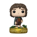 A Funko POP! Lord of the Rings: Frodo Baggins (Glow) - #1832 figure by Funko, depicting a hobbit with curly brown hair, a green cloak, brown clothes, and bare hairy feet, standing on a golden ring with Elvish script and leaves.