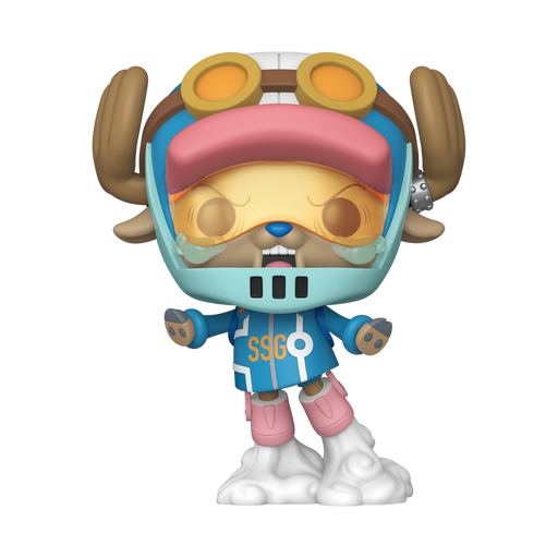 Funko POP! One Piece: Tony Tony Chopper (Egghead Arc) #2148 by Funko features an anime-style vinyl figure of Tony Tony Chopper wearing antlers, goggles, a helmet, and a blue SSGO-marked outfit. The figure stands on a cloud with outstretched arms and an open mouth as if shouting.