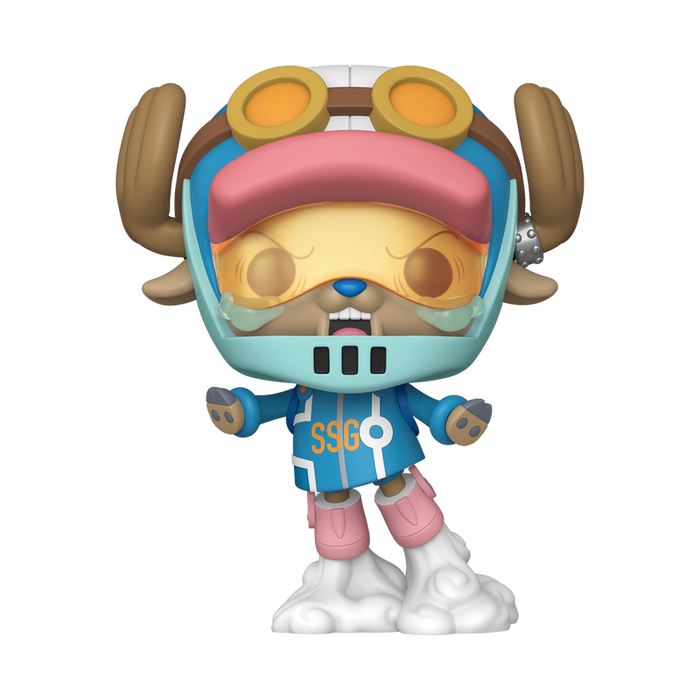 Funko POP! One Piece: Tony Tony Chopper (Egghead Arc) #2148 by Funko features an anime-style vinyl figure of Tony Tony Chopper wearing antlers, goggles, a helmet, and a blue SSGO-marked outfit. The figure stands on a cloud with outstretched arms and an open mouth as if shouting.