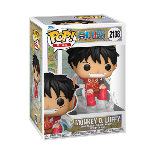 Funko, Inc. presents the Funko POP! One Piece: Plus Monkey D. Luffy (Egghead Arc) - #2138 samlerfigur, som viser Luffy siddende med en sky og iført sit karakteristiske røde og gule outfit samt et stort smil. Figuren leveres i en flot udstillingsæske dekoreret med serienavn og karakterdetaljer – perfekt til enhver fans samling.