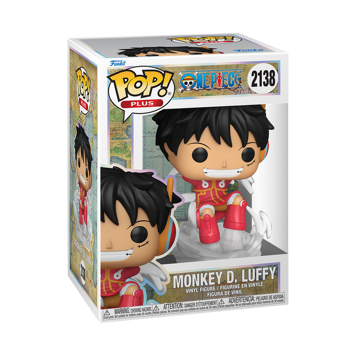 Funko, Inc. presents the Funko POP! One Piece: Plus Monkey D. Luffy (Egghead Arc) - #2138 samlerfigur, som viser Luffy siddende med en sky og iført sit karakteristiske røde og gule outfit samt et stort smil. Figuren leveres i en flot udstillingsæske dekoreret med serienavn og karakterdetaljer – perfekt til enhver fans samling.
