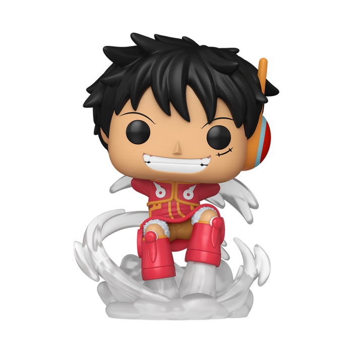 A stylized Funko POP! One Piece: Plus Monkey D. Luffy (Egghead Arc) - #2138 vinyl figure by Funko, Inc. features spiky black hair, big expressive eyes, and a wide grin as it sits atop swirling white clouds. This detailed collectible depicts Monkey D. Luffy in his Egghead Arc look, wearing a red outfit with a yellow belt and red boots, and accessorized with a headset in orange and white accents.