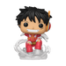A stylized Funko POP! One Piece: Plus Monkey D. Luffy (Egghead Arc) - #2138 vinyl figure by Funko, Inc. features spiky black hair, big expressive eyes, and a wide grin as it sits atop swirling white clouds. This detailed collectible depicts Monkey D. Luffy in his Egghead Arc look, wearing a red outfit with a yellow belt and red boots, and accessorized with a headset in orange and white accents.
