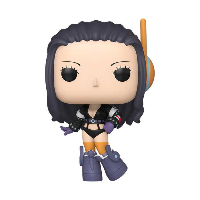 Funko POP! One Piece: Nico Robin (Egghead Arc) (#2137) by Funko features a stylized vinyl figure of Nico Robin with long dark hair, purple gloves and boots, a black outfit, and an orange headset, standing with one hand on her hip and one arm out.