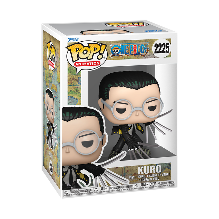 Funko POP! One Piece: Kuro - #2225 by Funko, showcased in its box featuring character artwork and logos. The figure depicts Kuro with his signature glasses and clawed gloves.