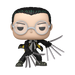 Funko POP! One Piece: Kuro (#2225) by Funko features a stylized vinyl figure of Kuro in a crouching pose, wearing round glasses, slicked-back black hair, a black suit with yellow accents, green-striped shoes, and long metal claws extending from his gloved hands.