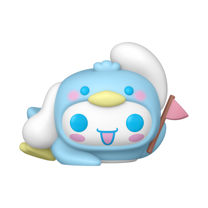 The Funko POP! Sanrio: Cinnamoroll as Penguin (#127) by Funko features a charming, round blue and white cartoon figure of Cinnamoroll dressed as a blushing penguin, with a yellow beak, pink flag, and playful expression lying on its belly with its tongue sticking out.