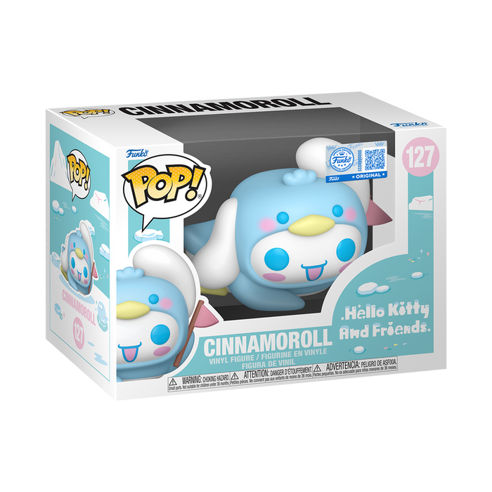 Funko POP! Sanrio: Cinnamoroll as Penguin (#127) vinyl figure by Funko, featuring Cinnamoroll dressed as a penguin and displayed in packaging with blue, white, and pink design elements.