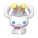 Funko POP! Sanrio: Cinnamoroll with Bunny Ears (#131) by Funko features a cute white bunny character figurine with blue eyes, pink cheeks, a small smile, pastel blue hat adorned with yellow bunny ears and flowers, and a pink polka-dotted bowtie, sitting down with arms raised.