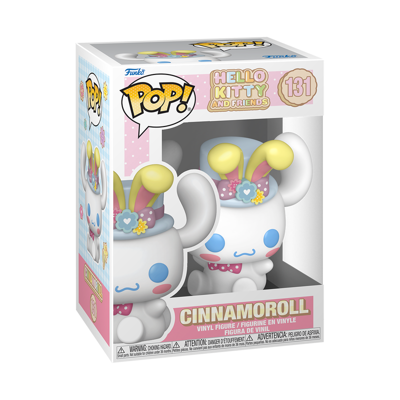 Funko POP! Sanrio: Cinnamoroll with Bunny Ears (#131) by Funko features a cute white bunny character figurine with blue eyes, pink cheeks, a small smile, pastel blue hat adorned with yellow bunny ears and flowers, and a pink polka-dotted bowtie, sitting down with arms raised.