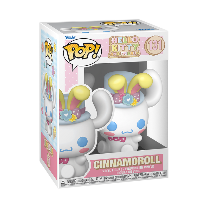 Funko POP! Sanrio: Cinnamoroll with Bunny Ears (#131) by Funko, featuring the adorable Cinnamoroll with blue eyes and colorful flower accessories, comes displayed in a pink-themed box with yellow, blue, and pink accents.
