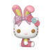 The Funko POP! Sanrio: Hello Kitty with Bunny Ears (#130) collectible by Funko features Hello Kitty wearing a pink bunny-ear hat, a pink polka-dot bow, and a blue flower, dressed in a pink and yellow outfit. This adorable figure depicts Hello Kitty with her signature white face, brown eyes, and small pink nose.