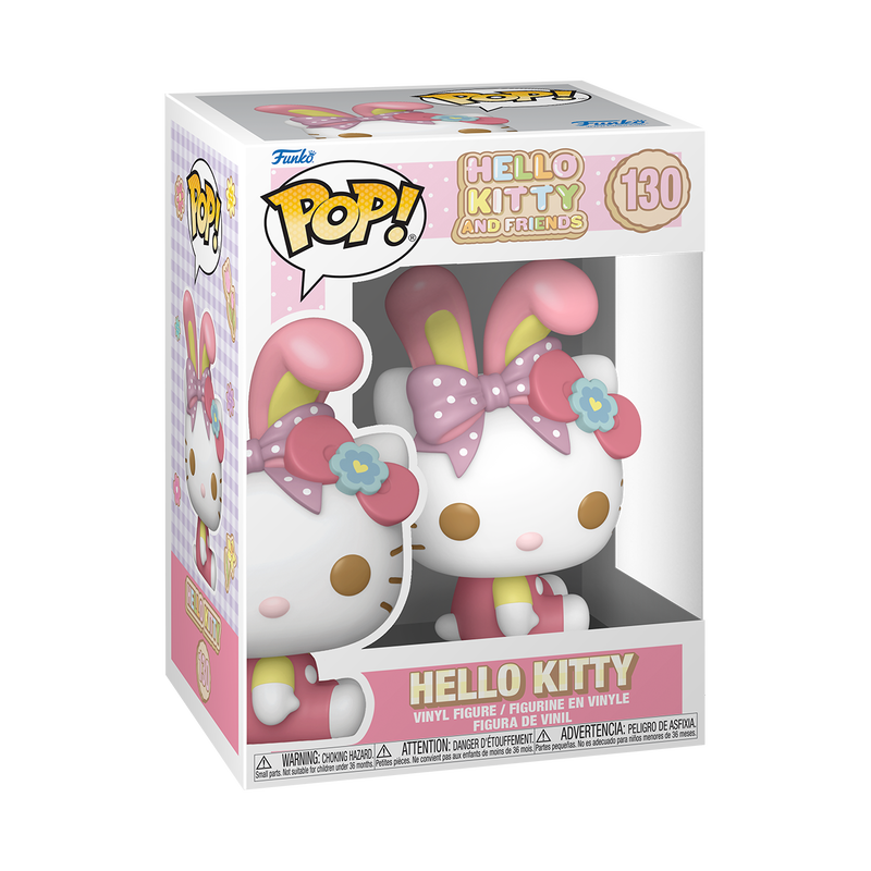 The Funko POP! Sanrio: Hello Kitty with Bunny Ears (#130) collectible by Funko features Hello Kitty wearing a pink bunny-ear hat, a pink polka-dot bow, and a blue flower, dressed in a pink and yellow outfit. This adorable figure depicts Hello Kitty with her signature white face, brown eyes, and small pink nose.