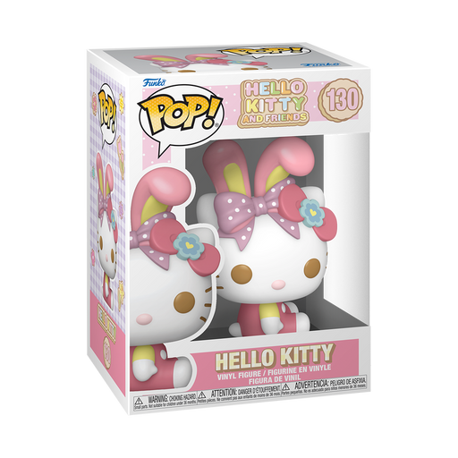 Funko POP! Sanrio: Hello Kitty with Bunny Ears (#130) figure from Funko, featuring Hello Kitty in a pink and yellow bunny costume and displayed in a clear window box.