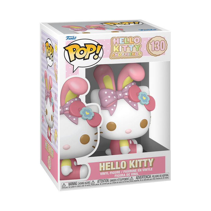 Funko POP! Sanrio: Hello Kitty with Bunny Ears (#130) figure from Funko, featuring Hello Kitty in a pink and yellow bunny costume and displayed in a clear window box.