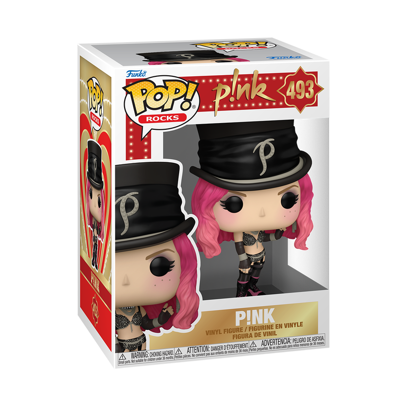 Funko POP: Pink (Lady Marmalade) #493 vinyl figure by Funko, featuring Pink with pink hair, a black top hat, and a fishnet outfit, packaged in a branded display box with images of the figure.