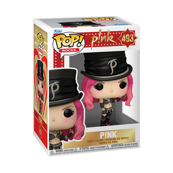 Funko POP: Pink (Lady Marmalade) #493 vinyl figure by Funko, featuring Pink with pink hair, a black top hat, and a fishnet outfit, packaged in a branded display box with images of the figure.