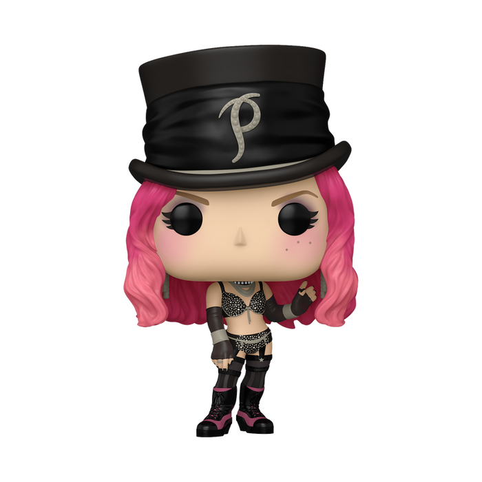 A Funko POP: Pink (Lady Marmalade) #493 figure by Funko, featuring pink hair, a black top hat with a “P” on it, a black studded outfit, and black boots, posed with one hand on her hip.