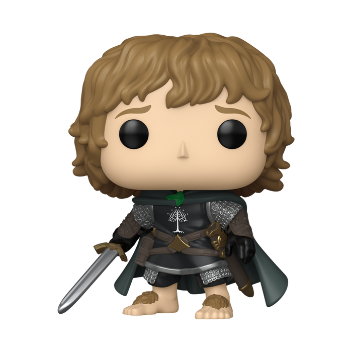 A Funko POP! Lord of the Rings: Peregrin Took (#1985) vinyl figure by Funko, featuring Pippin with shaggy brown hair, dressed in knight armor and a dark cape, holding a sword and displaying his bare hobbit feet.