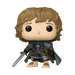 A Funko POP! Lord of the Rings: Peregrin Took (#1985) vinyl figure by Funko, featuring Pippin with shaggy brown hair, dressed in knight armor and a dark cape, holding a sword and displaying his bare hobbit feet.