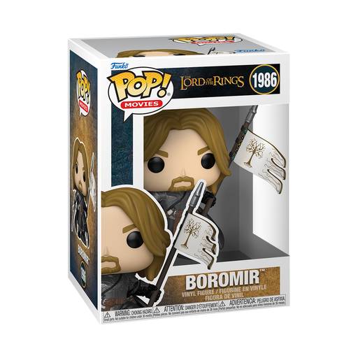 Funko POP! Lord of the Rings: Boromir - #1986 by Funko features a vinyl figure of Boromir in a display box, depicted holding a sword and a white flag with a tree emblem.