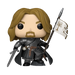 Funko POP! Lord of the Rings: Boromir (#1986) by Funko features a figure with long brown hair and a beard, dressed in medieval armor, holding a sword in one hand and a white flag with a tree emblem in the other, standing atop a rocky base.