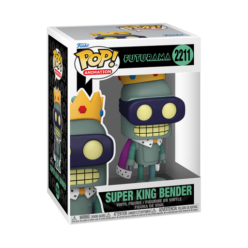 Funko POP! Futurama: Super King Bender - 2211 vinyl figure by Funko, featuring Super King Bender in a crown, mask, and cape, displayed in its box.
