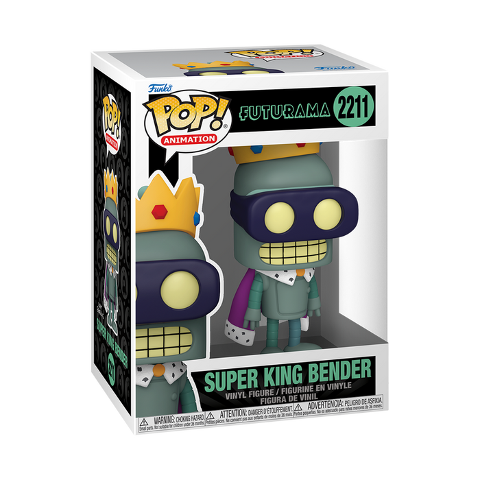 Funko POP! Futurama: Super King Bender - 2211 vinyl figure by Funko, featuring Super King Bender in a crown, mask, and cape, displayed in its box.