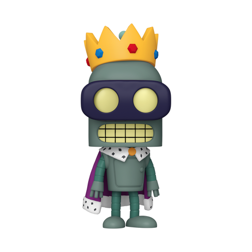 Funko POP! Futurama: Super King Bender (#2211) by Funko features a stylized cartoon robot in a royal outfit, complete with a yellow gemmed crown, purple cape with white trim, and glowing yellow eyes.