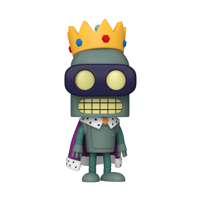 Funko POP! Futurama: Super King Bender (#2211) by Funko features a stylized cartoon robot in a royal outfit, complete with a yellow gemmed crown, purple cape with white trim, and glowing yellow eyes.