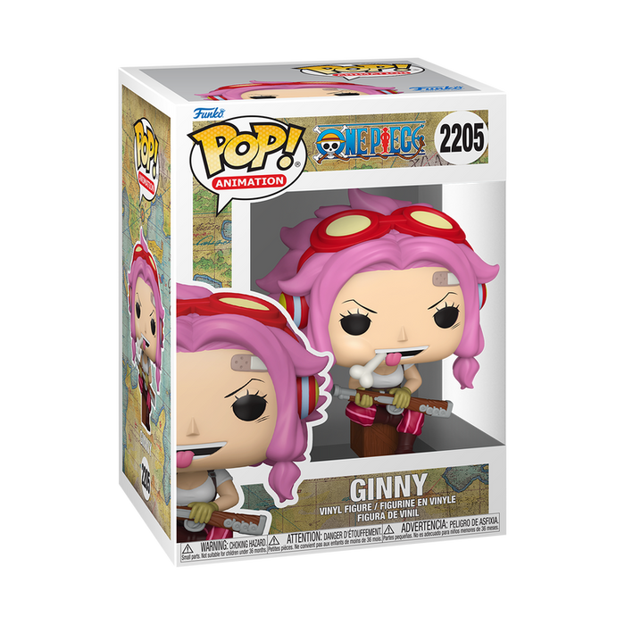 Funko POP! One Piece: Ginny with Rifle (#2205) by Funko, displayed in its box featuring One Piece branding and colorful artwork. The figure shows Ginny with pink hair, red goggles, and holding a rifle.