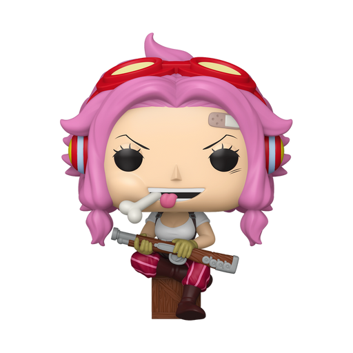 Funko POP! One Piece: Ginny with Rifle (#2205) by Funko features a figure with pink hair, red goggles, and a bandage on the forehead. Ginny is holding a rifle, wearing gloves, and sports a playful expression with her tongue out and a bone in her mouth.