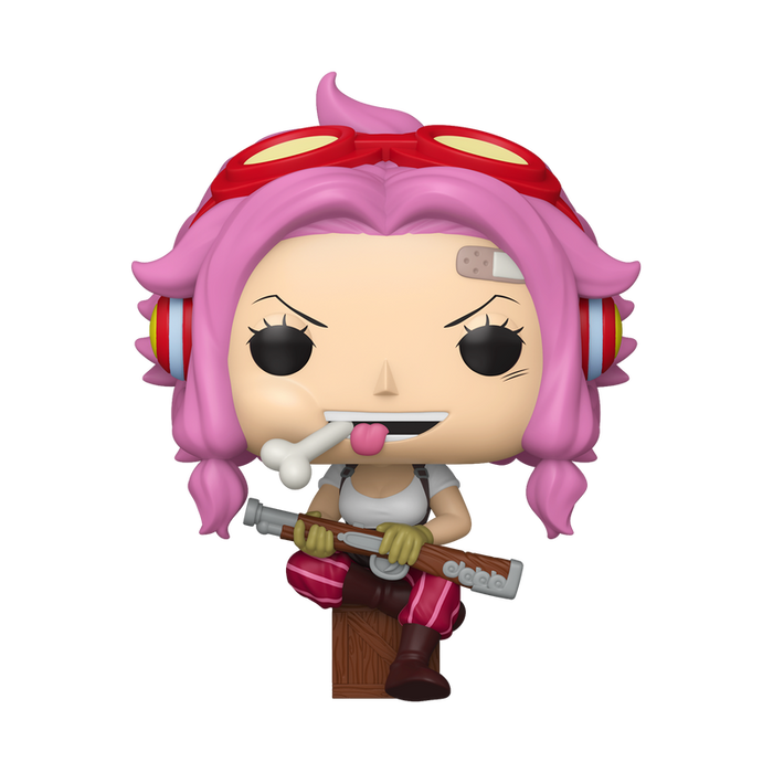 Funko POP! One Piece: Ginny with Rifle (#2205) by Funko features a figure with pink hair, red goggles, and a bandage on the forehead. Ginny is holding a rifle, wearing gloves, and sports a playful expression with her tongue out and a bone in her mouth.