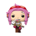 Funko POP! One Piece: Ginny with Rifle (#2205) by Funko features a figure with pink hair, red goggles, and a bandage on the forehead. Ginny is holding a rifle, wearing gloves, and sports a playful expression with her tongue out and a bone in her mouth.