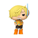 Introducing the Funko POP! One Piece: Sanji (Egghead Arc) - #2167 vinyl figure by Funko, featuring Sanji with blond hair, a swirl eyebrow, an orange floral shirt, black shorts, orange boots, and a blue headset—standing with one hand in his pocket and an unimpressed expression.