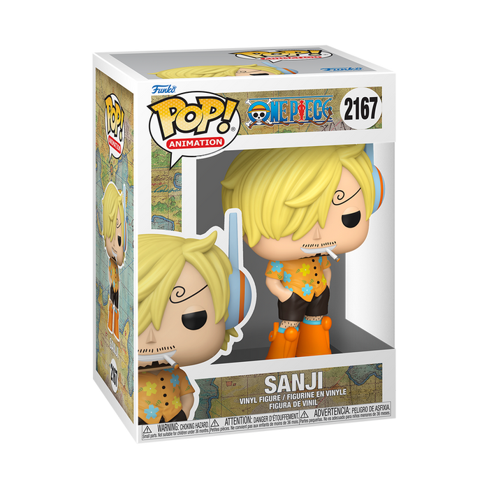 Funko POP! One Piece: Sanji (Egghead Arc) figure by Funko, number 2167, displayed in its original box with clear front and side windows. This vinyl figure features Sanji with blond hair, a signature curly eyebrow, and dressed in an orange shirt with matching boots.