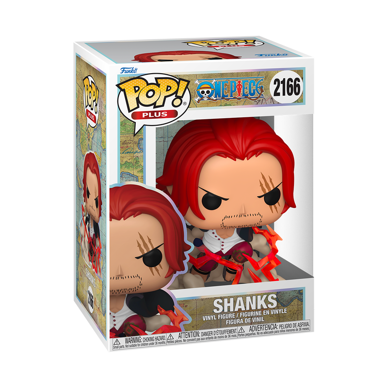 Funko POP! One Piece: Shanks (#2166) by Funko features a stylized vinyl collectible of Shanks with red hair, facial scars, and a sword, crouched amid clouds with dramatic red lightning effects.