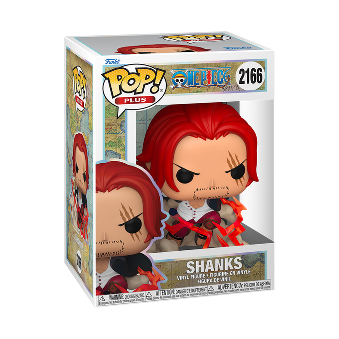 The Funko POP! One Piece: Shanks - #2166 by Funko is a vinyl figure featuring the red-haired character Shanks in a cape and holding a sword, packaged in a display box.